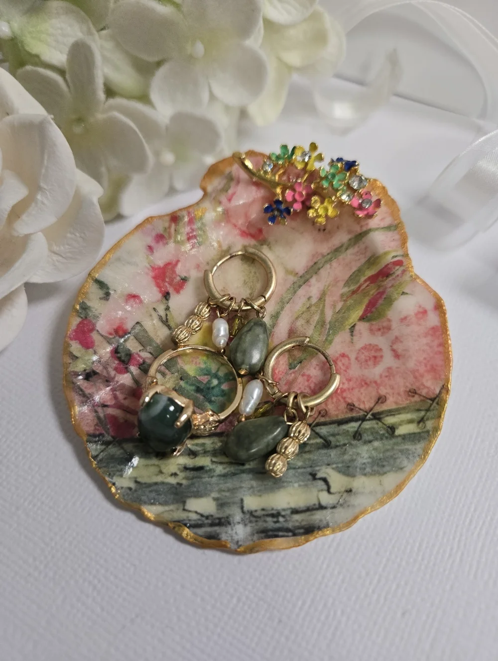 Hand Gilded Upcycled Jewelry Art Decoupage Shell Trinket Dish - Micro Florals